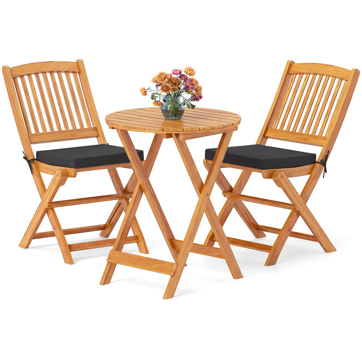 3 Pieces Acacia Wood Patio Folding Bistro Set with Soft Cushions-Black-Patio Conversation Sets-DECOROLALA