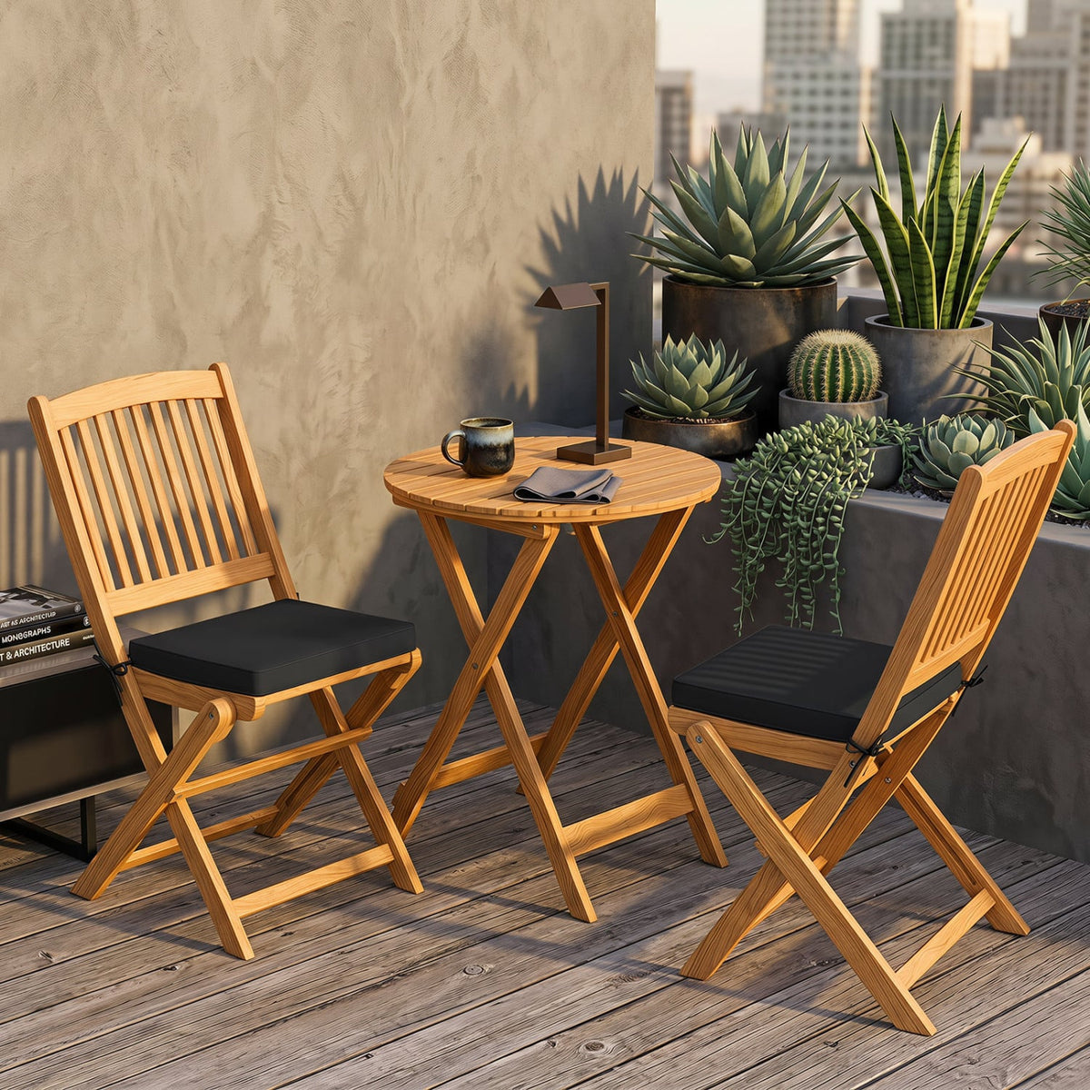 3 Pieces Acacia Wood Patio Folding Bistro Set with Soft Cushions-Black-Patio Conversation Sets-DECOROLALA