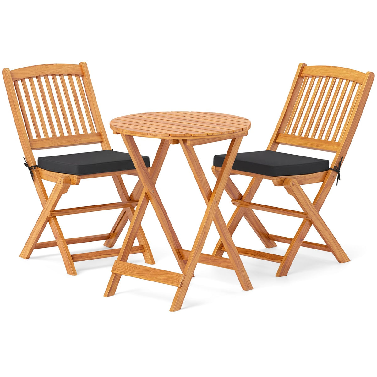 3 Pieces Acacia Wood Patio Folding Bistro Set with Soft Cushions-Black-Patio Conversation Sets-DECOROLALA