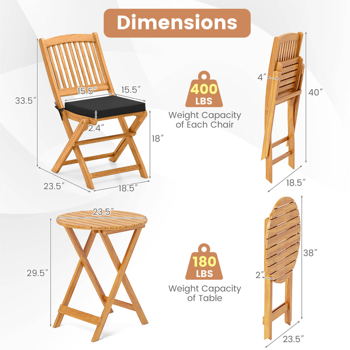 3 Pieces Acacia Wood Patio Folding Bistro Set with Soft Cushions-Black-Patio Conversation Sets-DECOROLALA