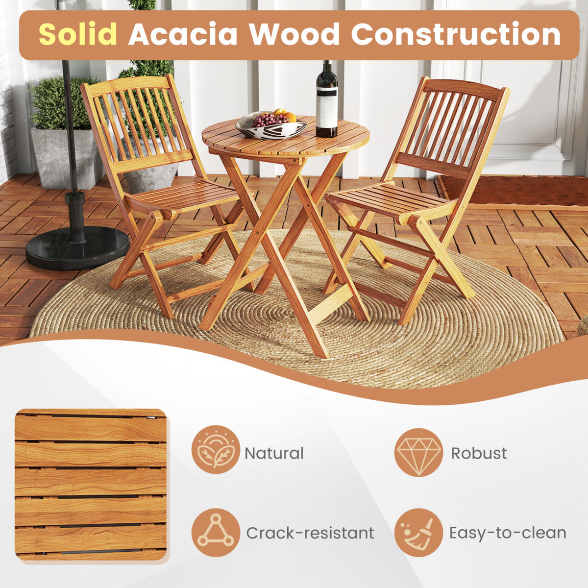 3 Pieces Acacia Wood Patio Folding Bistro Set with Soft Cushions-Black-Patio Conversation Sets-DECOROLALA