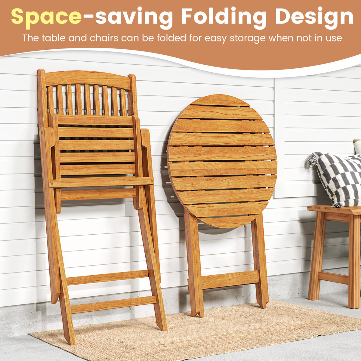 3 Pieces Acacia Wood Patio Folding Bistro Set with Soft Cushions-Black-Patio Conversation Sets-DECOROLALA