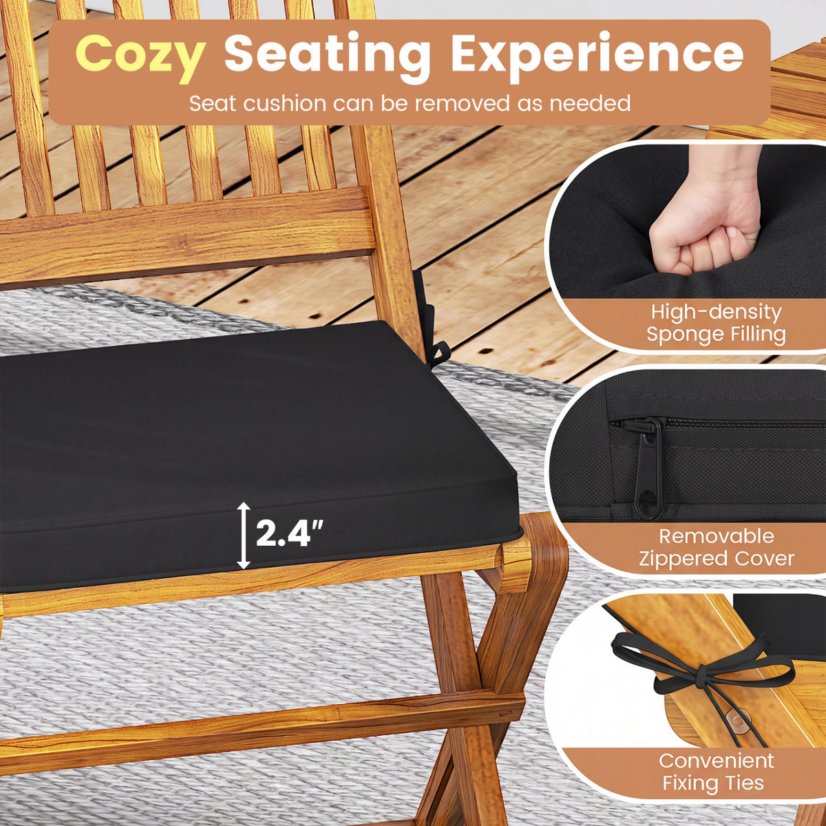 3 Pieces Acacia Wood Patio Folding Bistro Set with Soft Cushions-Black-Patio Conversation Sets-DECOROLALA