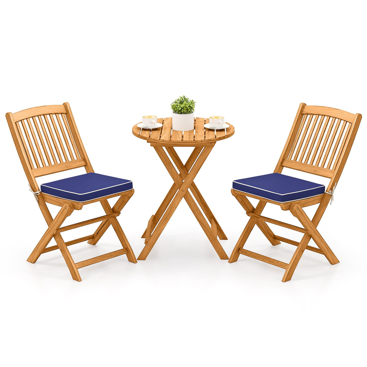 3 Pieces Acacia Wood Patio Folding Bistro Set with Soft Cushions-Navy-Patio Conversation Sets-DECOROLALA