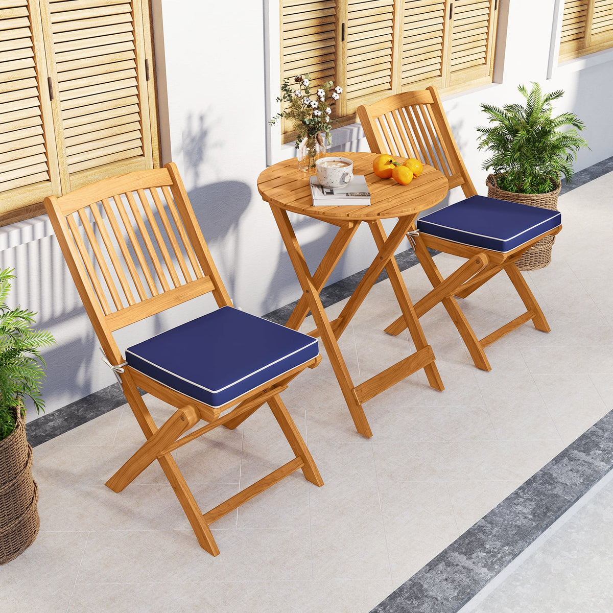 3 Pieces Acacia Wood Patio Folding Bistro Set with Soft Cushions-Navy-Patio Conversation Sets-DECOROLALA