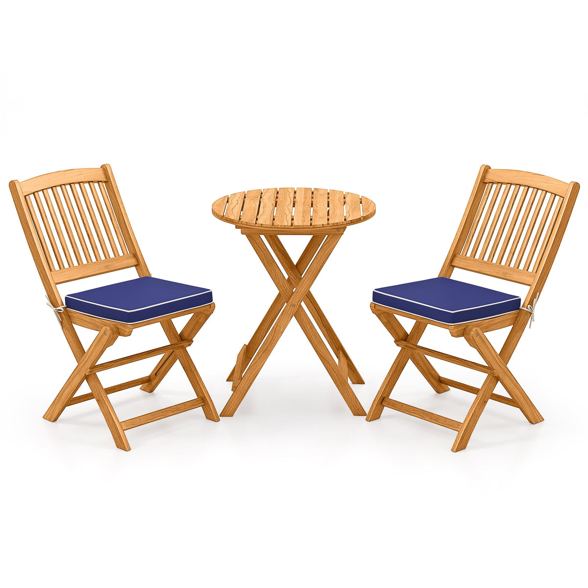 3 Pieces Acacia Wood Patio Folding Bistro Set with Soft Cushions-Navy-Patio Conversation Sets-DECOROLALA