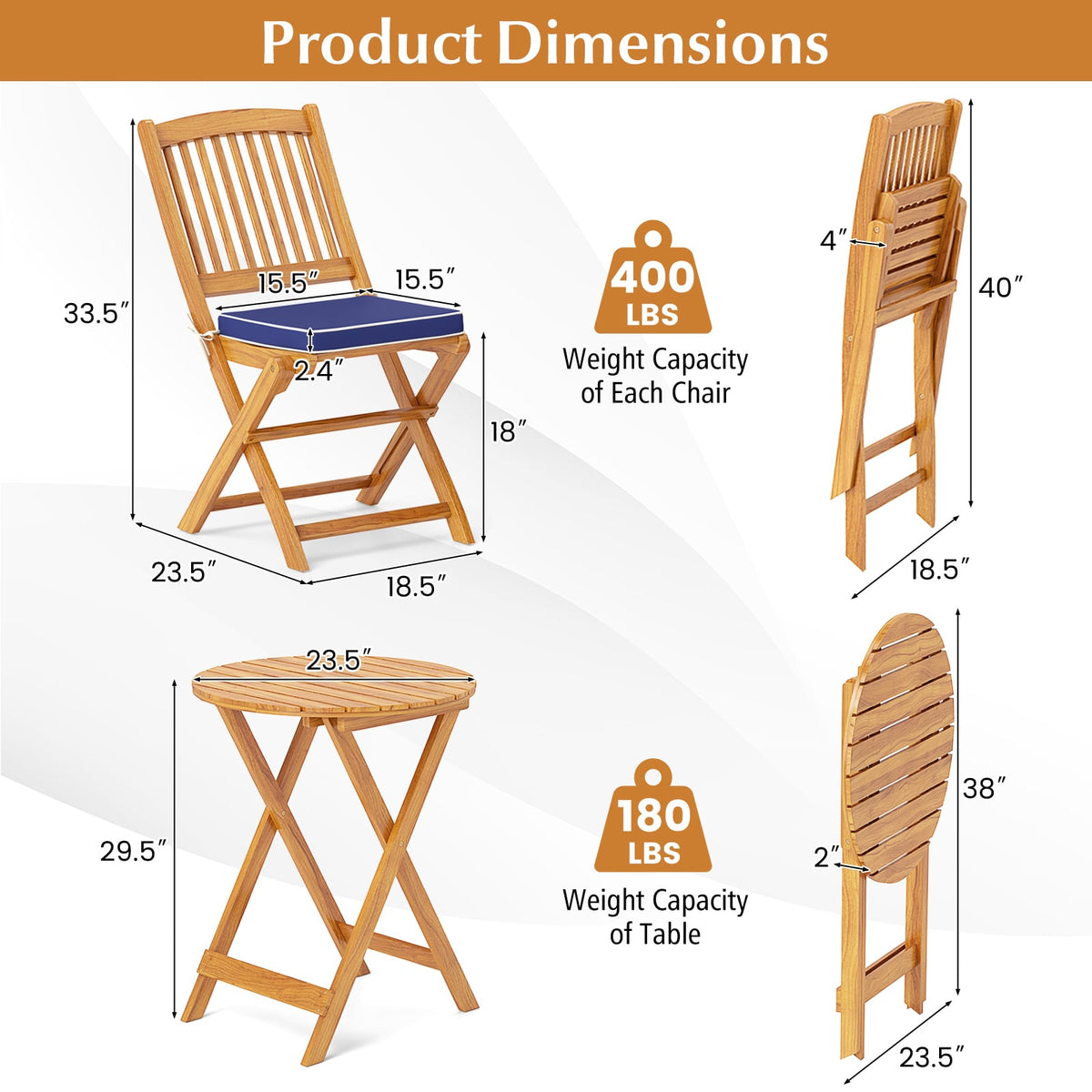 3 Pieces Acacia Wood Patio Folding Bistro Set with Soft Cushions-Navy-Patio Conversation Sets-DECOROLALA