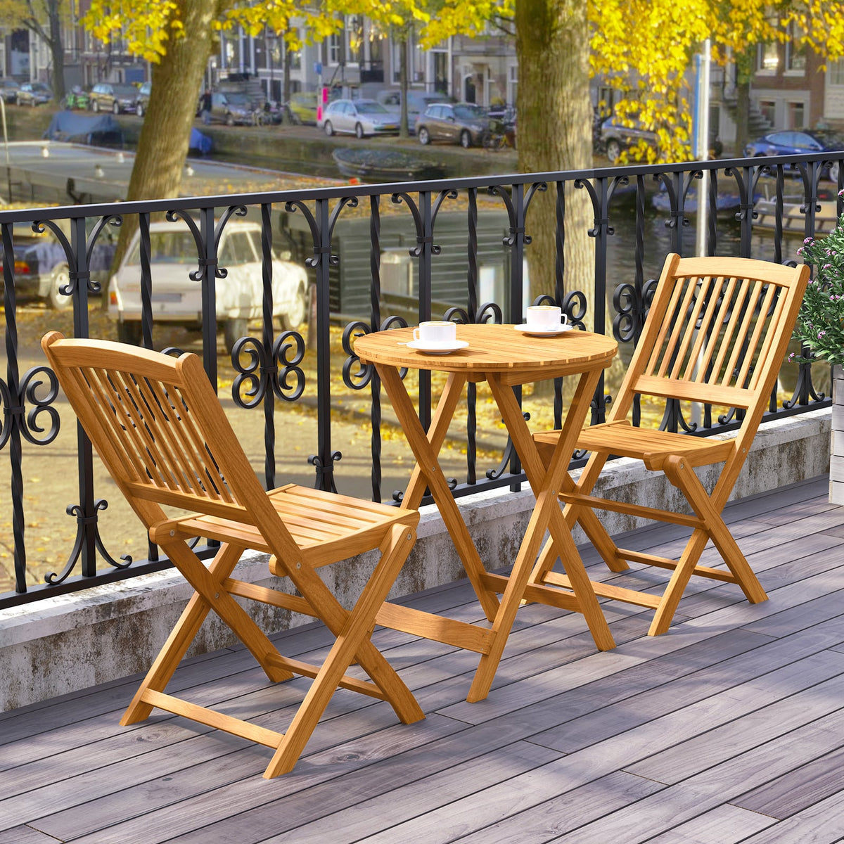 3 Pieces Acacia Wood Patio Folding Bistro Set with Soft Cushions-Navy-Patio Conversation Sets-DECOROLALA