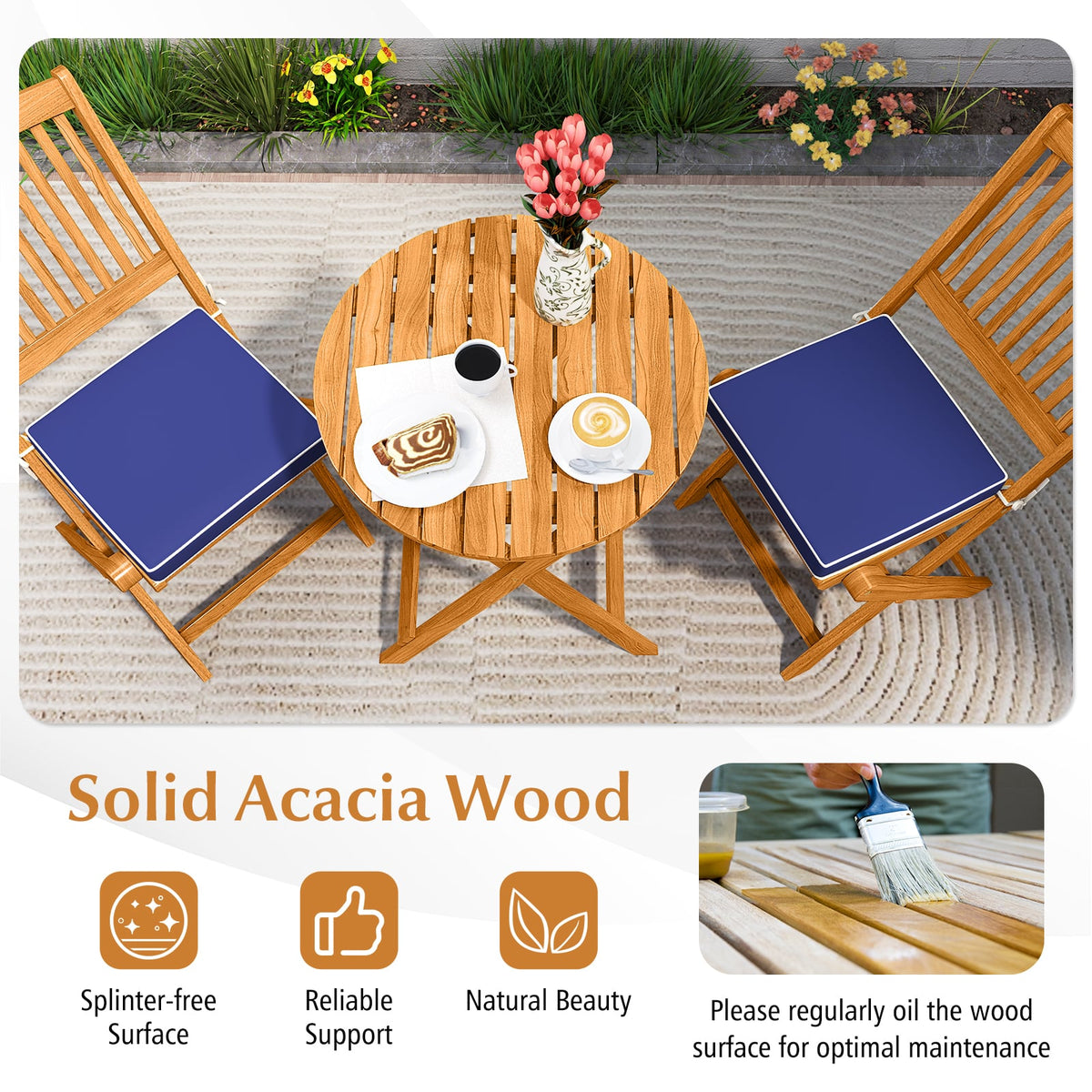 3 Pieces Acacia Wood Patio Folding Bistro Set with Soft Cushions-Navy-Patio Conversation Sets-DECOROLALA