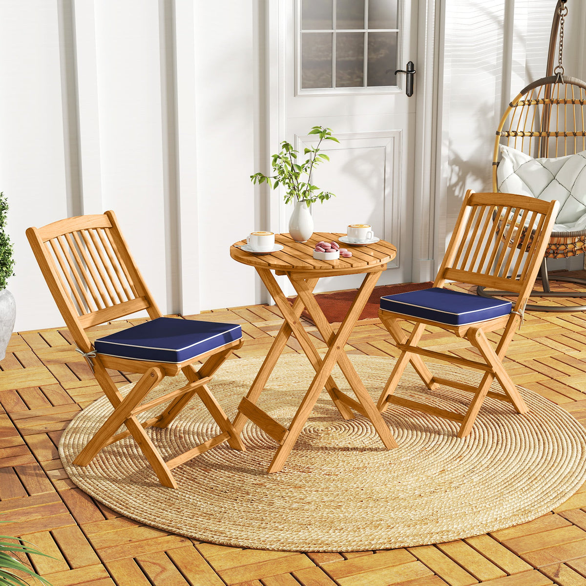 3 Pieces Acacia Wood Patio Folding Bistro Set with Soft Cushions-Navy-Patio Conversation Sets-DECOROLALA