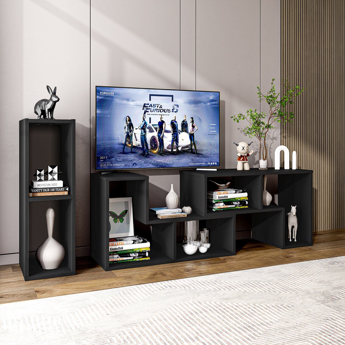 3 Pieces Adjustable TV Stand for TVs up to 65 Inch with Shelves-Black-Entertainment Centers & TV Stands-DECOROLALA