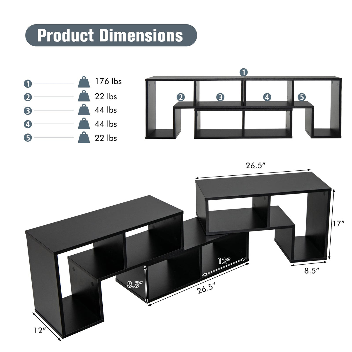 3 Pieces Adjustable TV Stand for TVs up to 65 Inch with Shelves-Black-Entertainment Centers & TV Stands-DECOROLALA