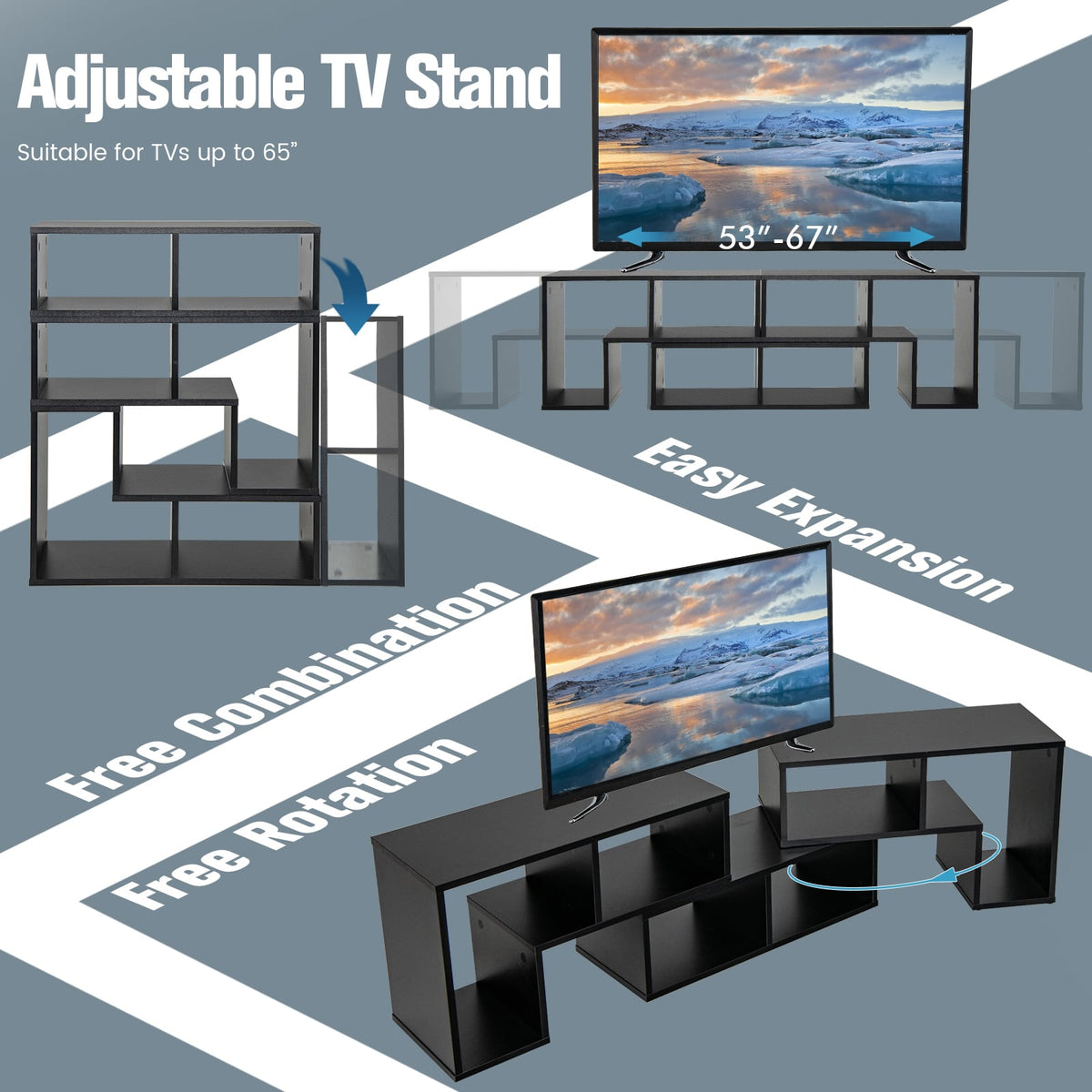 3 Pieces Adjustable TV Stand for TVs up to 65 Inch with Shelves-Black-Entertainment Centers & TV Stands-DECOROLALA