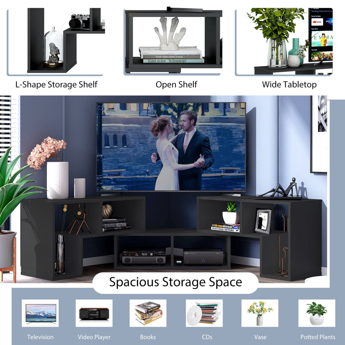3 Pieces Adjustable TV Stand for TVs up to 65 Inch with Shelves-Black-Entertainment Centers & TV Stands-DECOROLALA