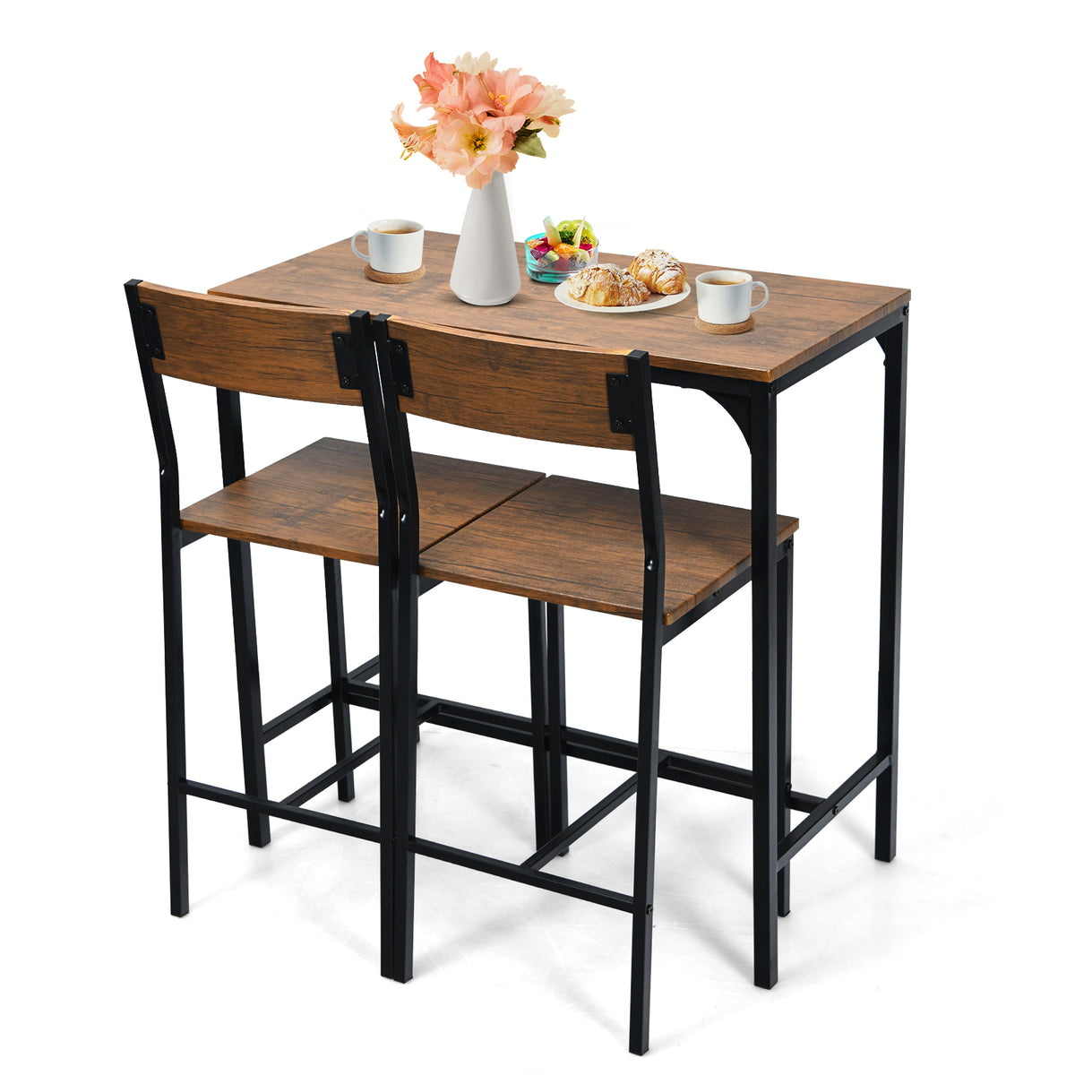 3 Pieces Bar Table Set with 2 Stools-Black-Dining Room Sets-DECOROLALA
