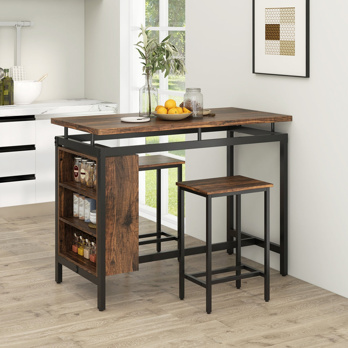 3 Pieces Dining Table Set with 3-Tier Storage Shelf and Metal Frame-Brown-Dining Room Sets-DECOROLALA