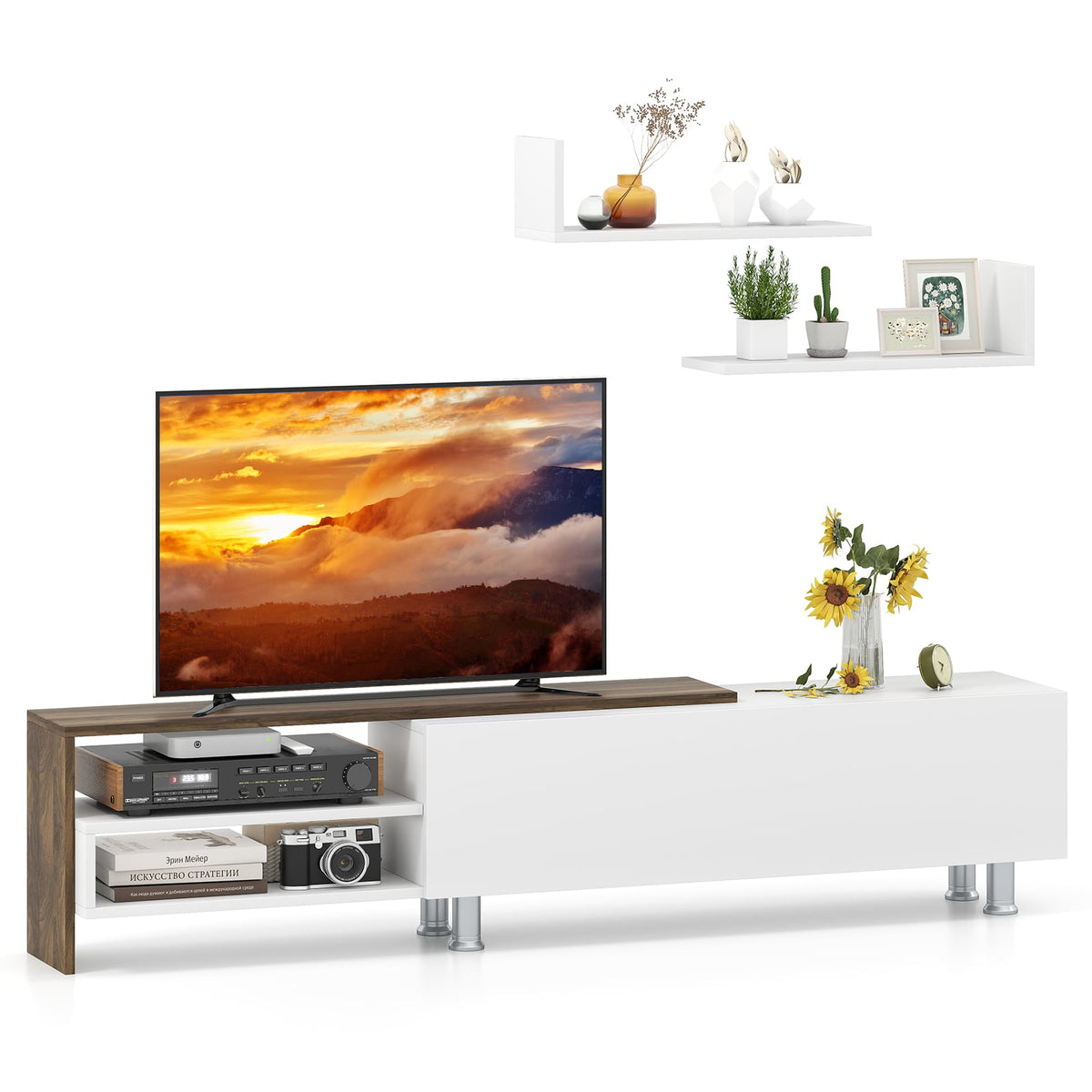 3 Pieces Farmhouse TV Stand for TVs up to 80 Inch with Cabinet and Compartments-White-Entertainment Centers & TV Stands-DECOROLALA