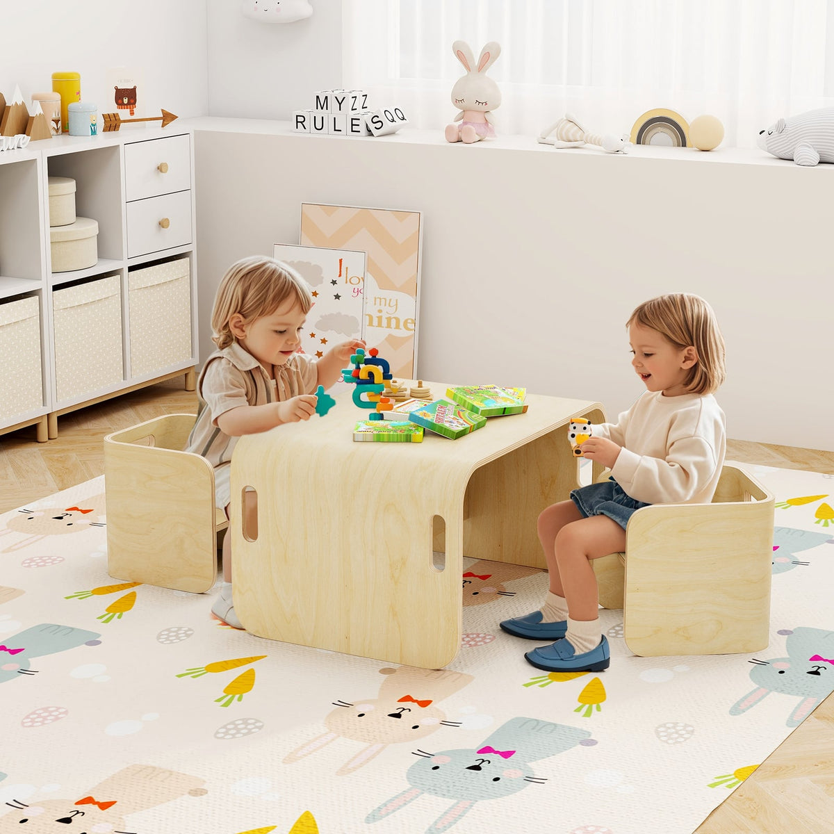 3 Pieces Kids Wooden Table and Chair Set-Natural-Kids Tables & Chair Sets-DECOROLALA