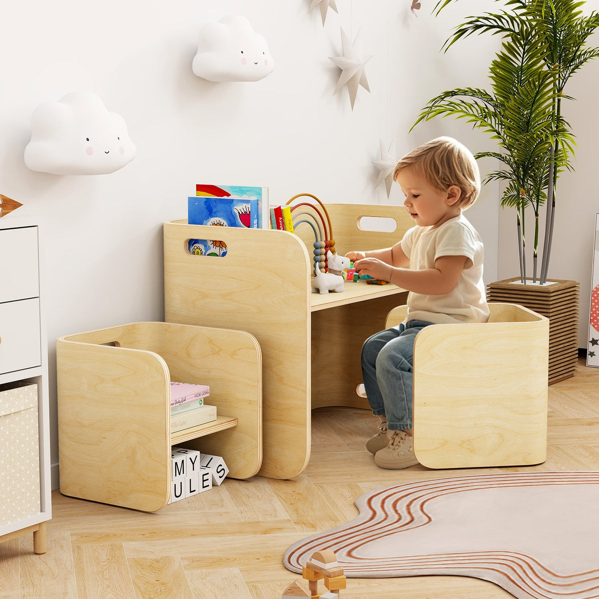 3 Pieces Kids Wooden Table and Chair Set-Natural-Kids Tables & Chair Sets-DECOROLALA