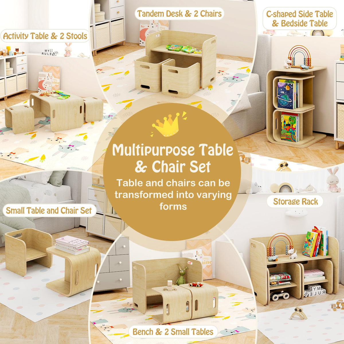 3 Pieces Kids Wooden Table and Chair Set-Natural-Kids Tables & Chair Sets-DECOROLALA