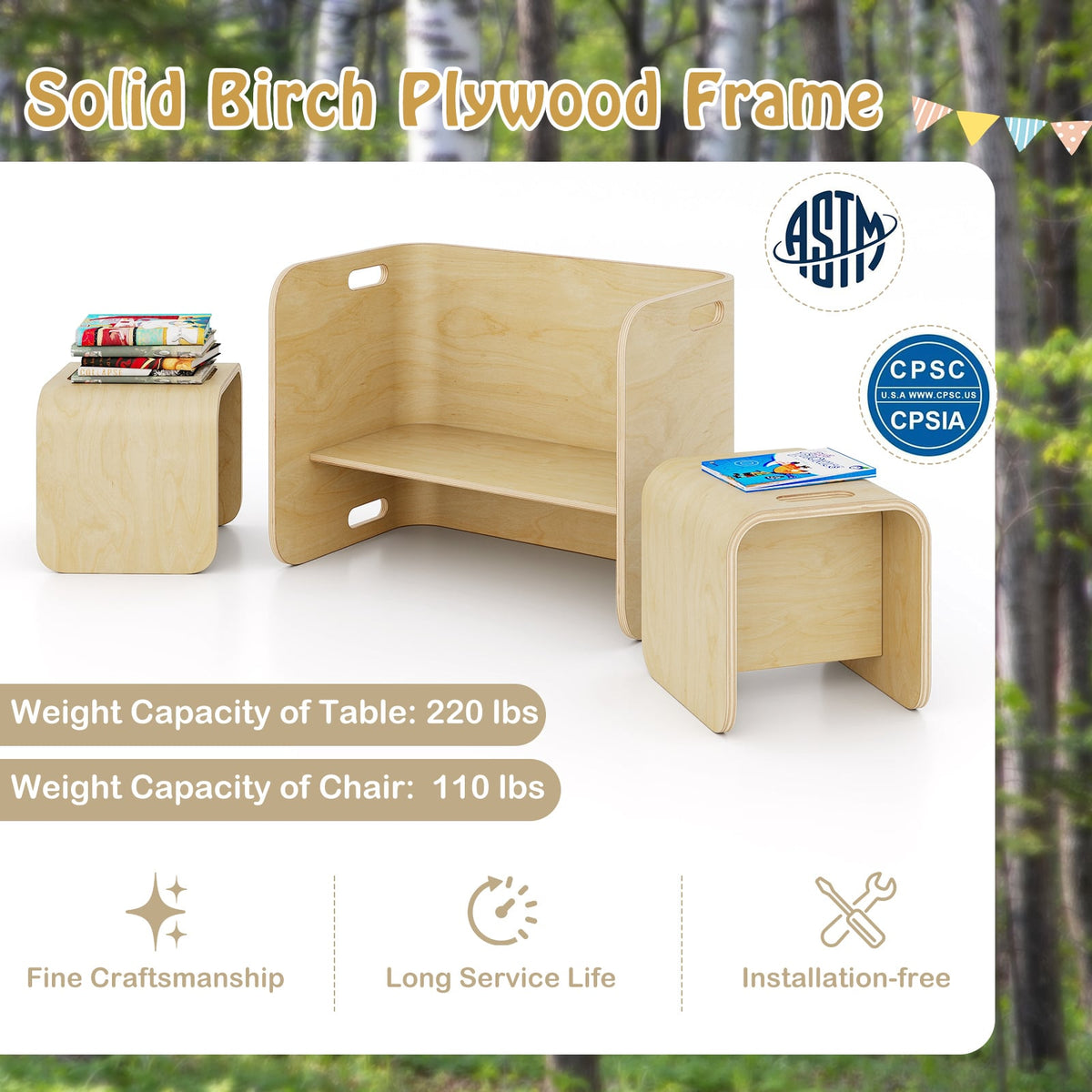 3 Pieces Kids Wooden Table and Chair Set-Natural-Kids Tables & Chair Sets-DECOROLALA