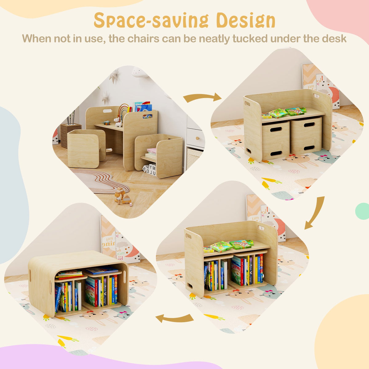 3 Pieces Kids Wooden Table and Chair Set-Natural-Kids Tables & Chair Sets-DECOROLALA
