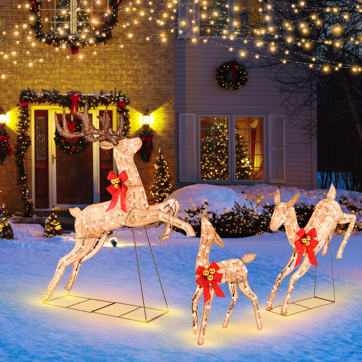 3 Pieces Lighted Christmas Reindeer Family Set with 255 Lights-Golden-Christmas Decorations & Accessories-DECOROLALA