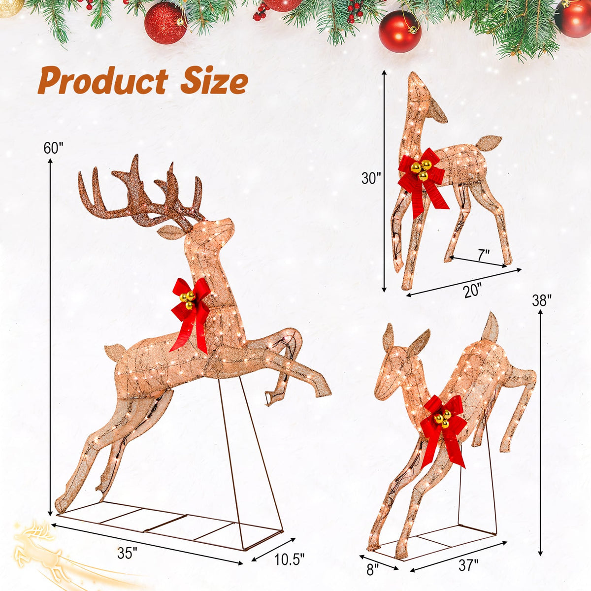 3 Pieces Lighted Christmas Reindeer Family Set with 255 Lights-Golden-Christmas Decorations & Accessories-DECOROLALA