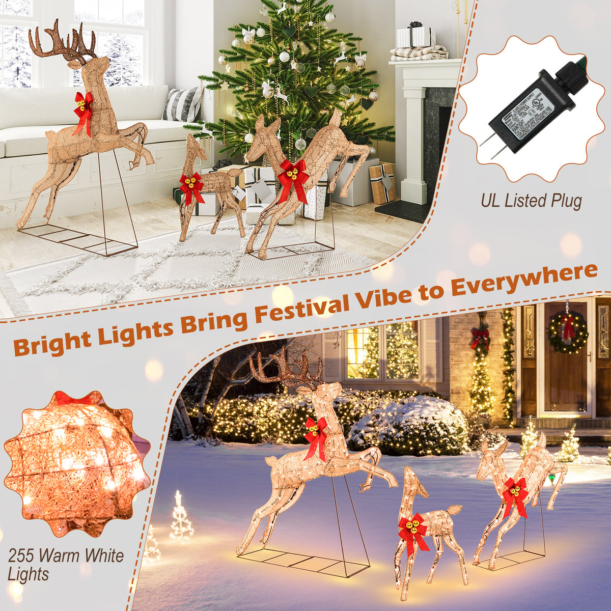 3 Pieces Lighted Christmas Reindeer Family Set with 255 Lights-Golden-Christmas Decorations & Accessories-DECOROLALA