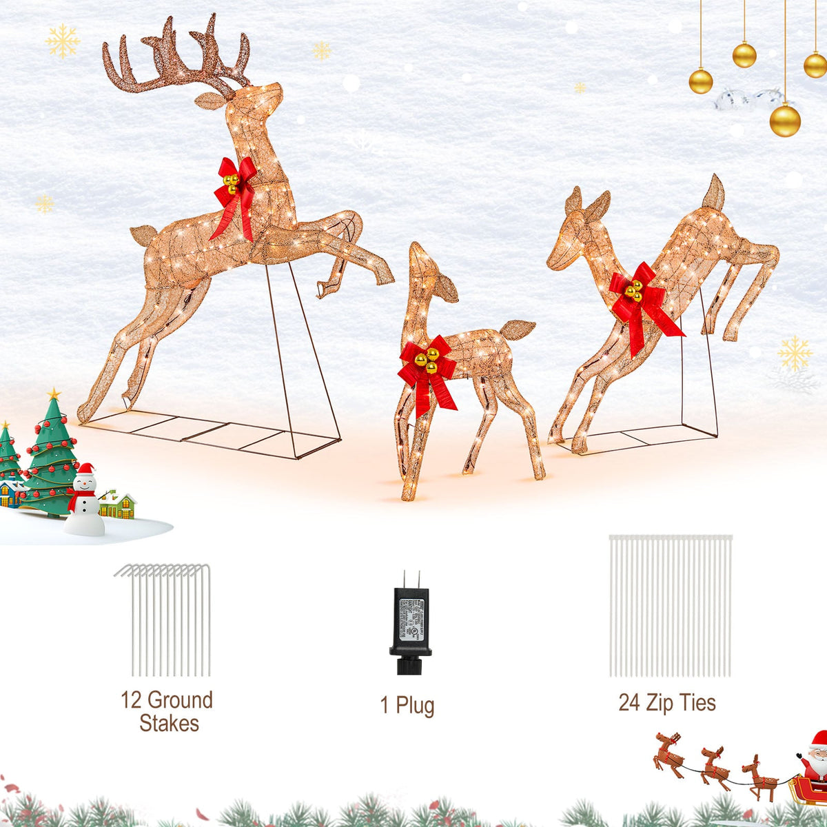 3 Pieces Lighted Christmas Reindeer Family Set with 255 Lights-Golden-Christmas Decorations & Accessories-DECOROLALA