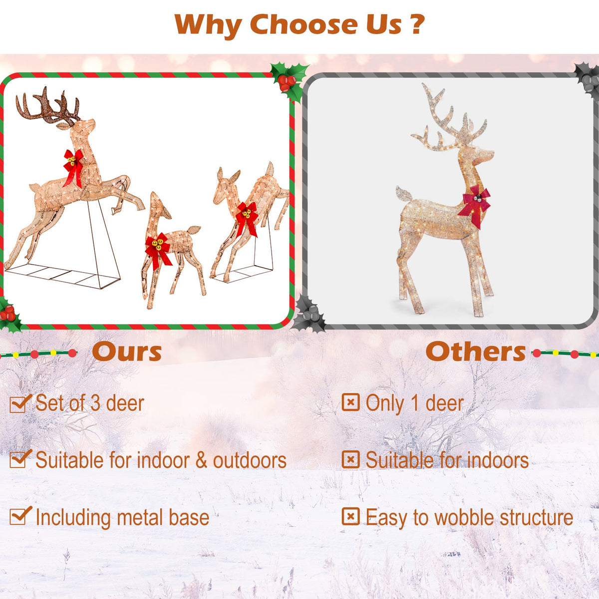 3 Pieces Lighted Christmas Reindeer Family Set with 255 Lights-Golden-Christmas Decorations & Accessories-DECOROLALA