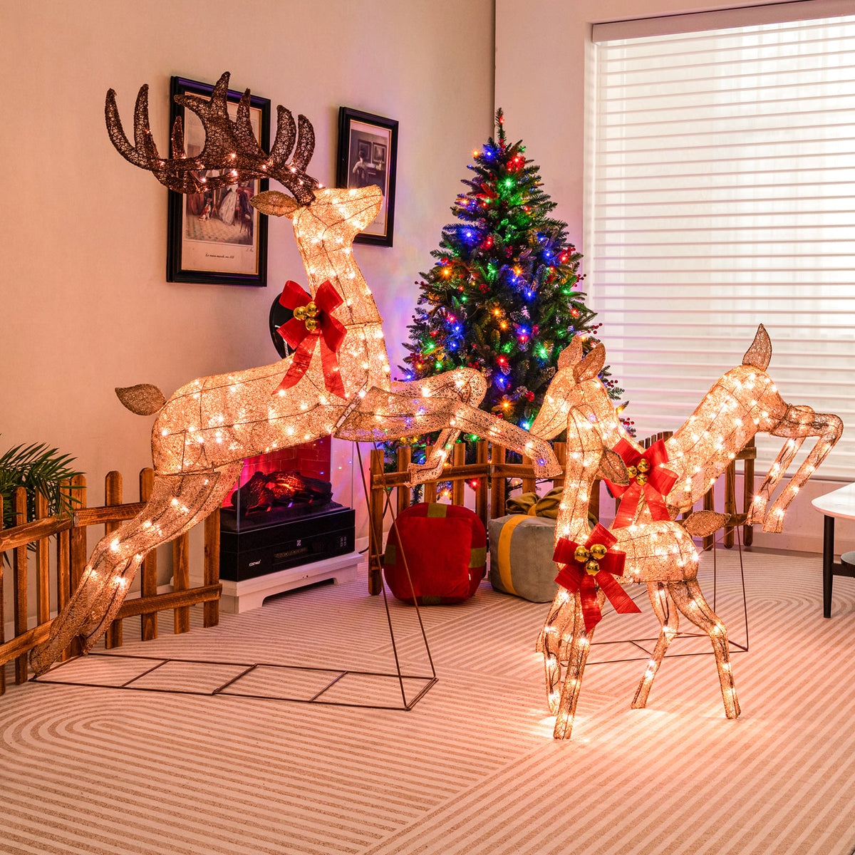 3 Pieces Lighted Christmas Reindeer Family Set with 255 Lights-Golden-Christmas Decorations & Accessories-DECOROLALA