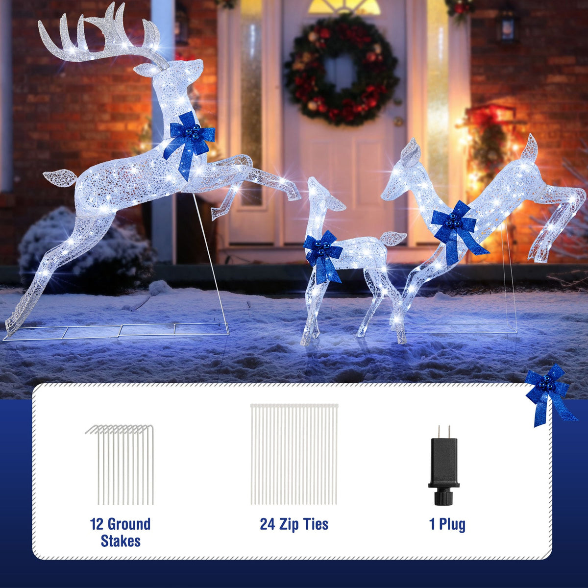 3 Pieces Lighted Christmas Reindeer Family Set with 255 Lights-White-Christmas Decorations & Accessories-DECOROLALA