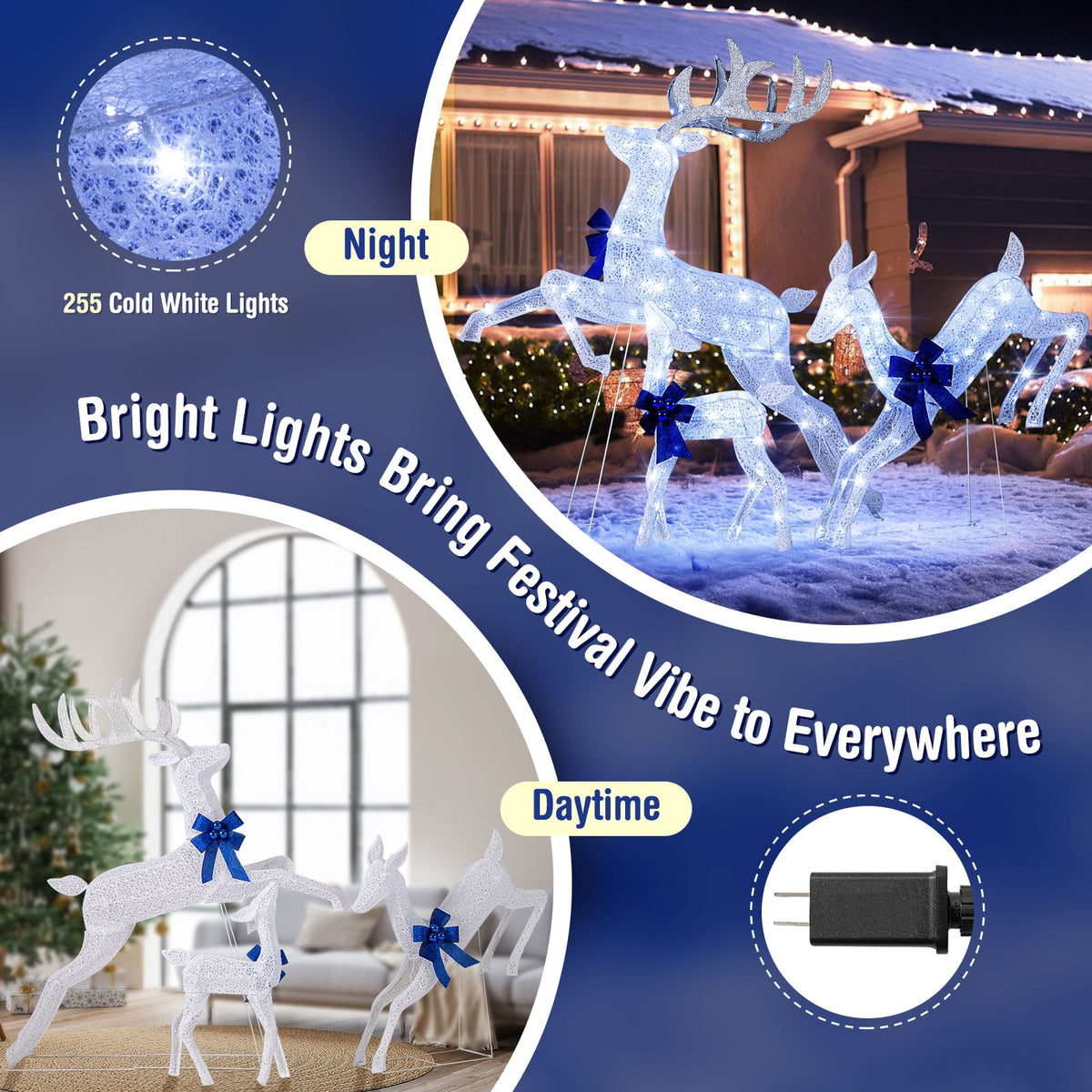 3 Pieces Lighted Christmas Reindeer Family Set with 255 Lights-White-Christmas Decorations & Accessories-DECOROLALA