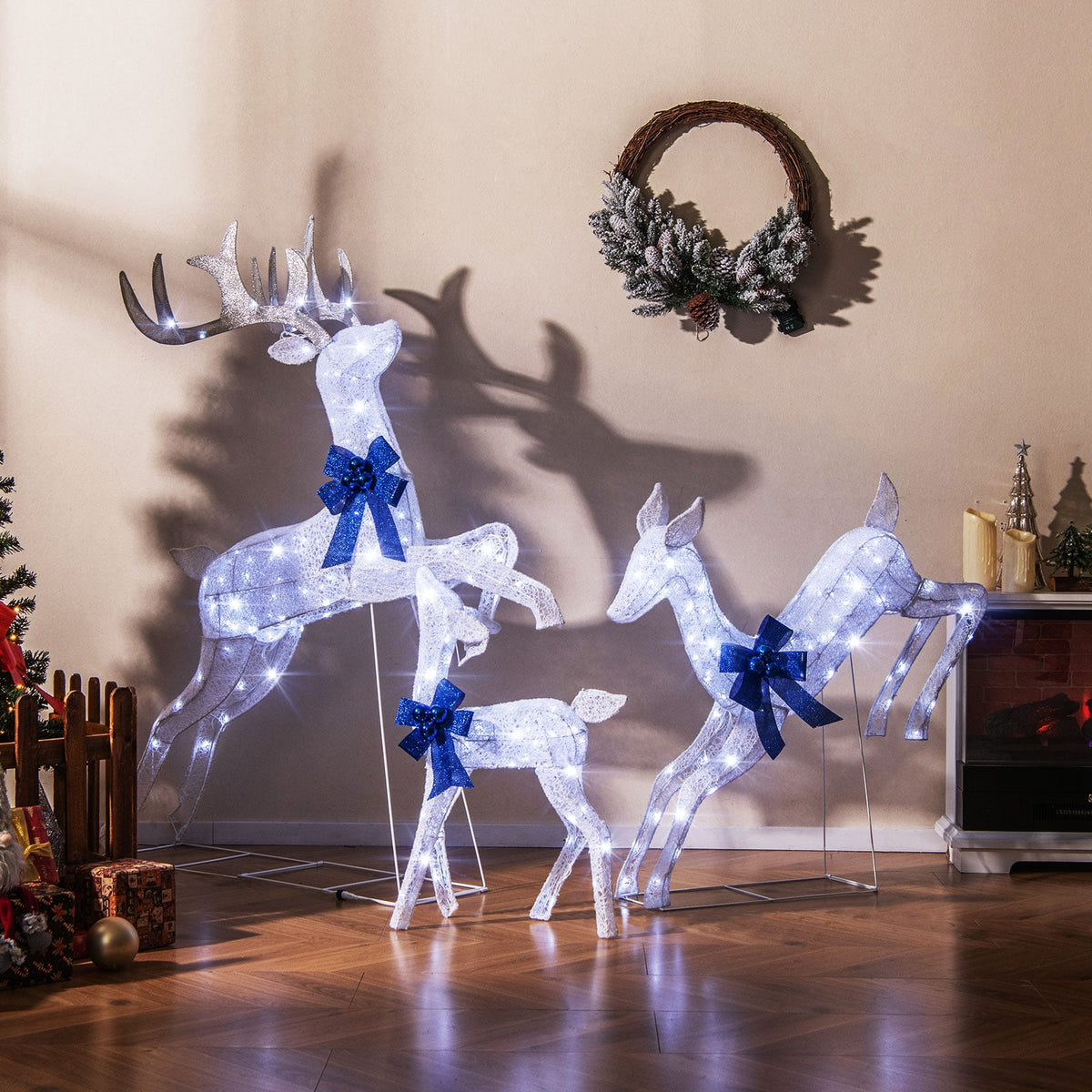 3 Pieces Lighted Christmas Reindeer Family Set with 255 Lights-White-Christmas Decorations & Accessories-DECOROLALA