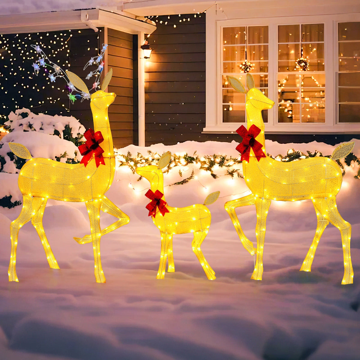 3 Pieces Lighted Family Deer Set with LED Lights and RGB Flashing Lights-Christmas Decorations & Accessories-DECOROLALA