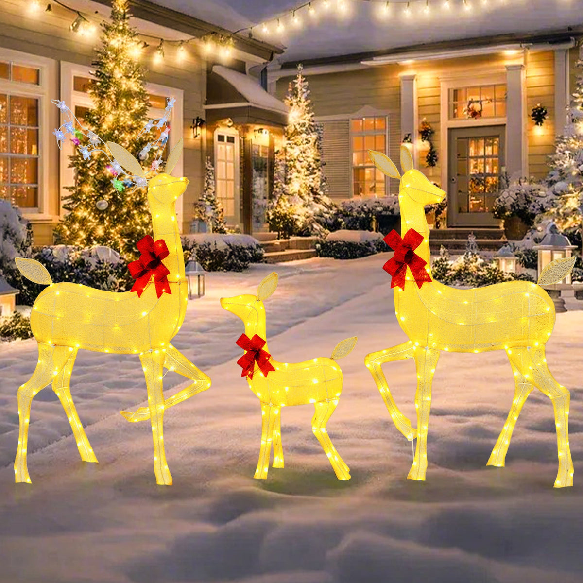 3 Pieces Lighted Family Deer Set with LED Lights and RGB Flashing Lights-Christmas Decorations & Accessories-DECOROLALA