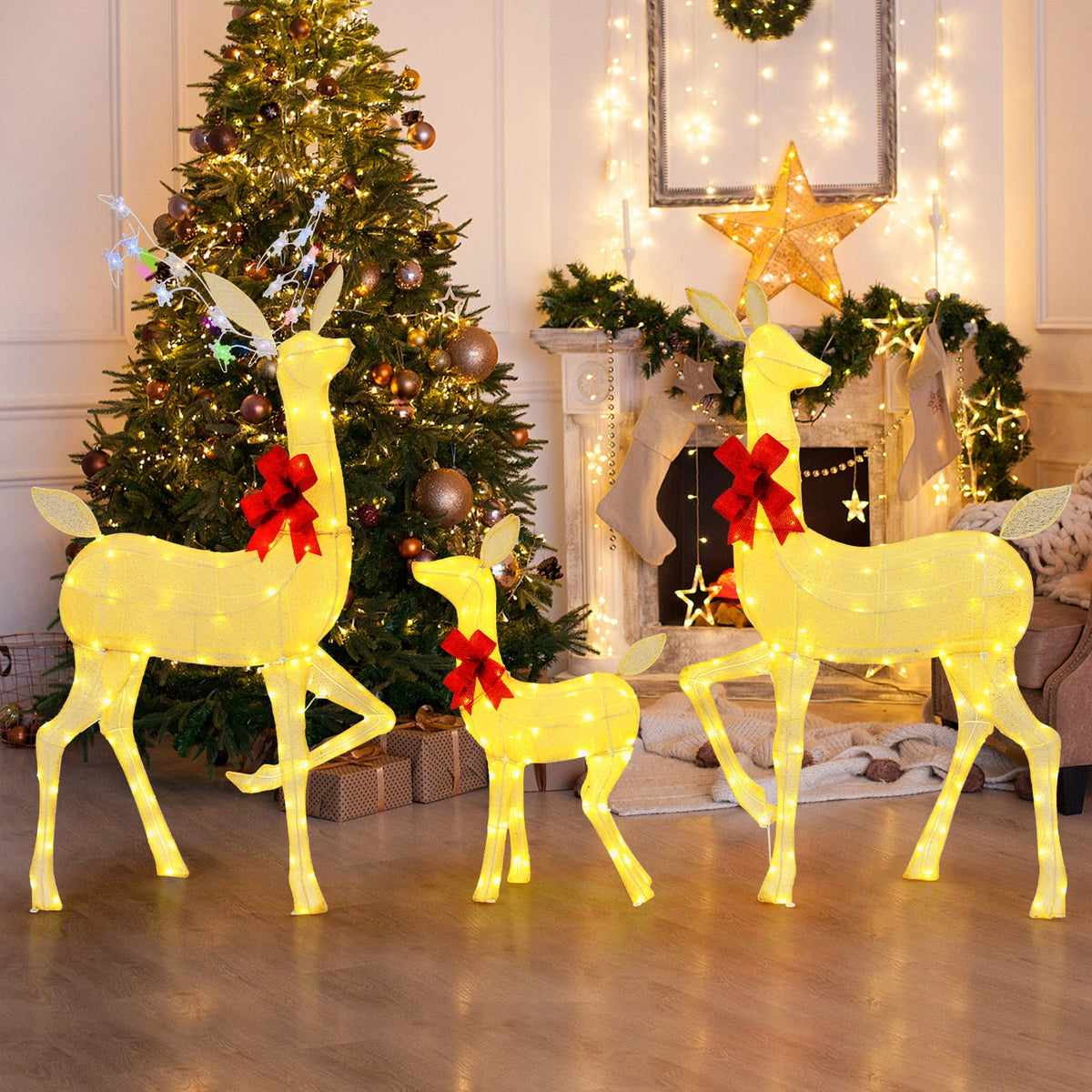 3 Pieces Lighted Family Deer Set with LED Lights and RGB Flashing Lights-Christmas Decorations & Accessories-DECOROLALA