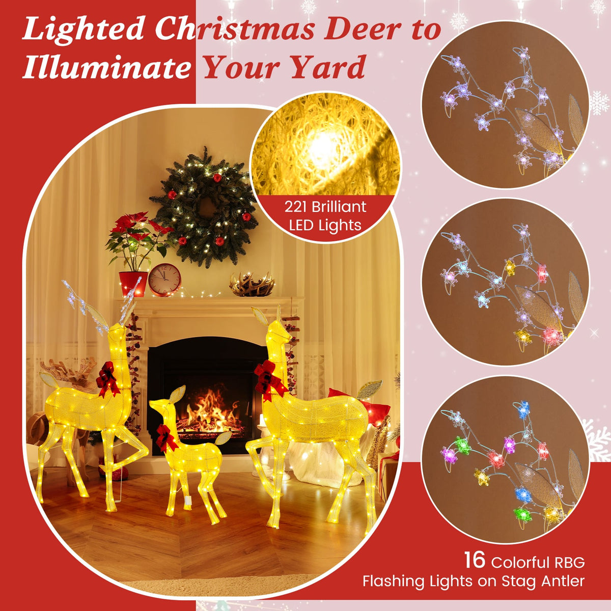 3 Pieces Lighted Family Deer Set with LED Lights and RGB Flashing Lights-Christmas Decorations & Accessories-DECOROLALA