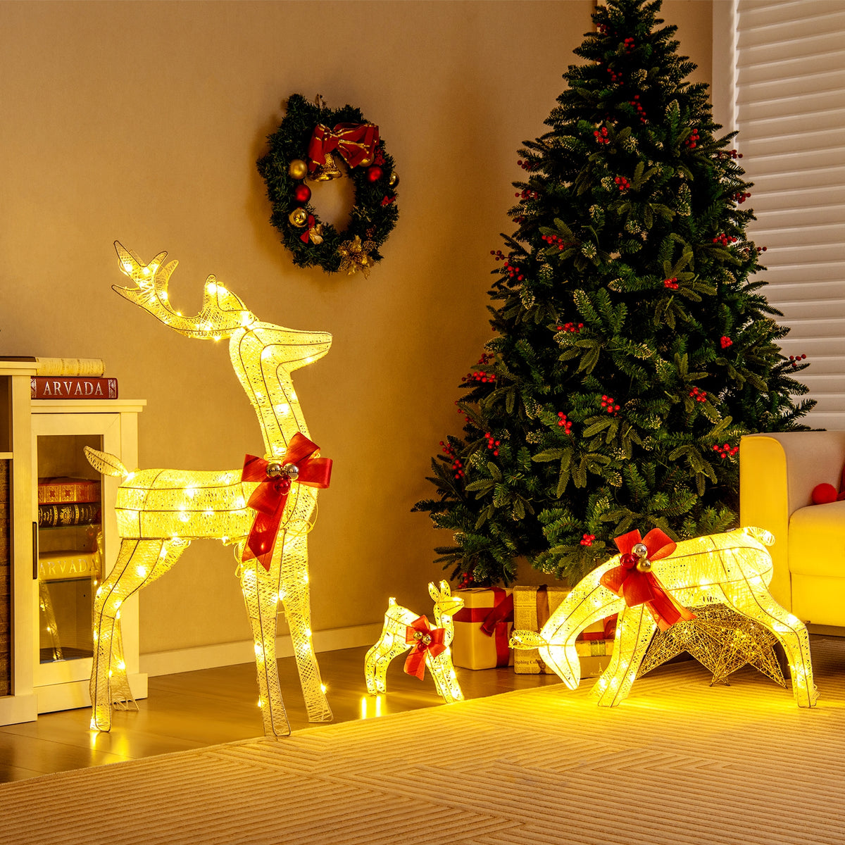 3 Pieces Lighted Reindeer Family Set with 230 LED Lights Stakes-Christmas Decorations & Accessories-DECOROLALA