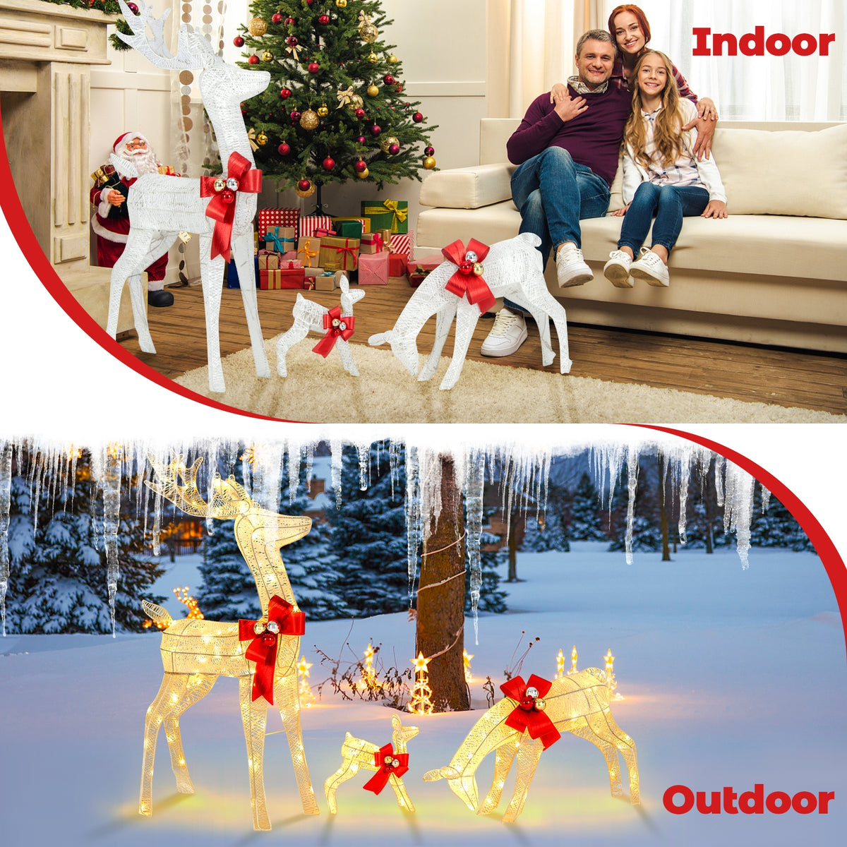 3 Pieces Lighted Reindeer Family Set with 230 LED Lights Stakes-Christmas Decorations & Accessories-DECOROLALA
