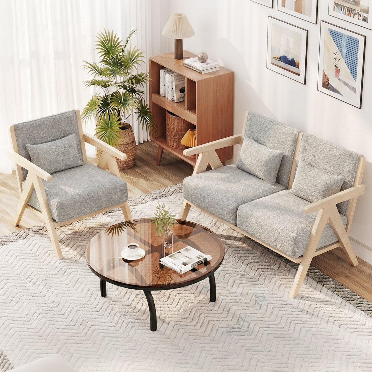 3 Pieces Living Room Furniture Set with Rubber Wood Frame-Gray-Sofas & Loveseats-DECOROLALA