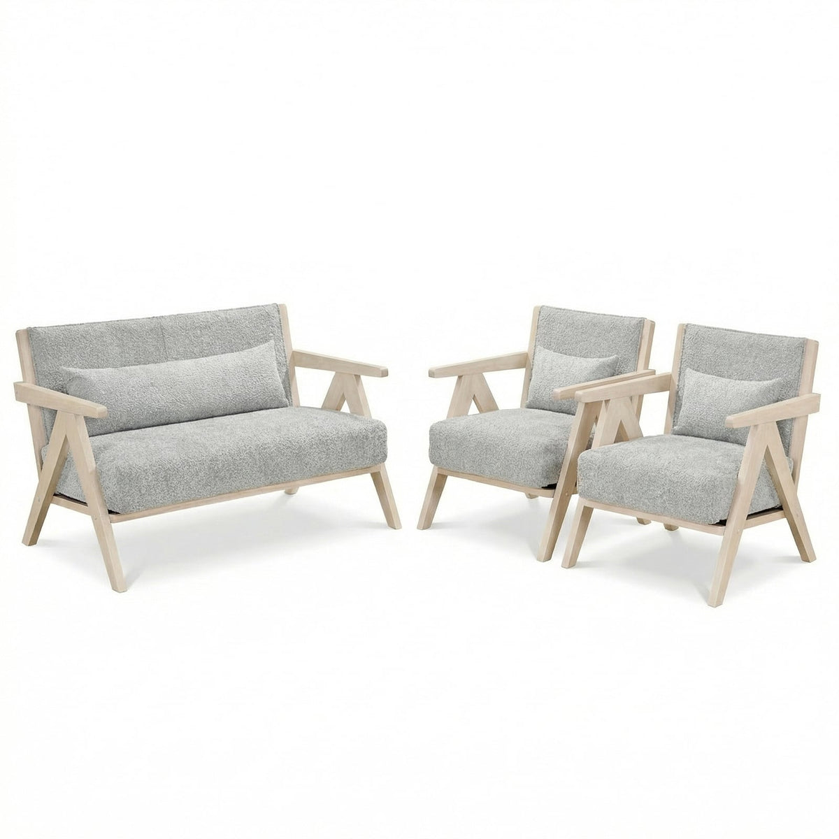 3 Pieces Living Room Furniture Set with Rubber Wood Frame-Gray-Sofas & Loveseats-DECOROLALA