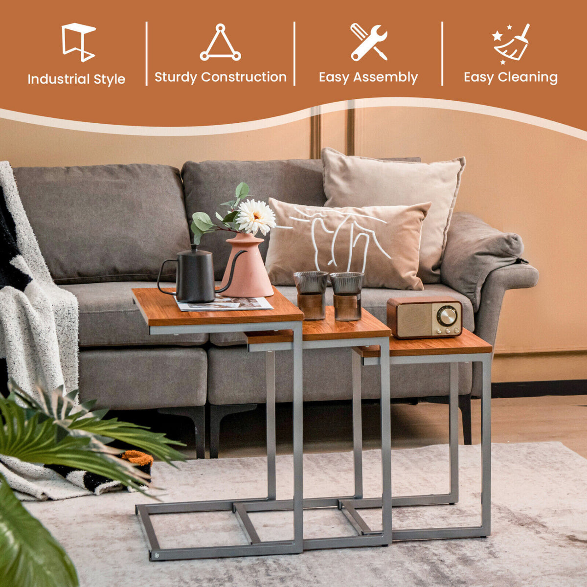 3 Pieces Multifunctional Coffee End Table Set-Brown-End & Side Tables-DECOROLALA