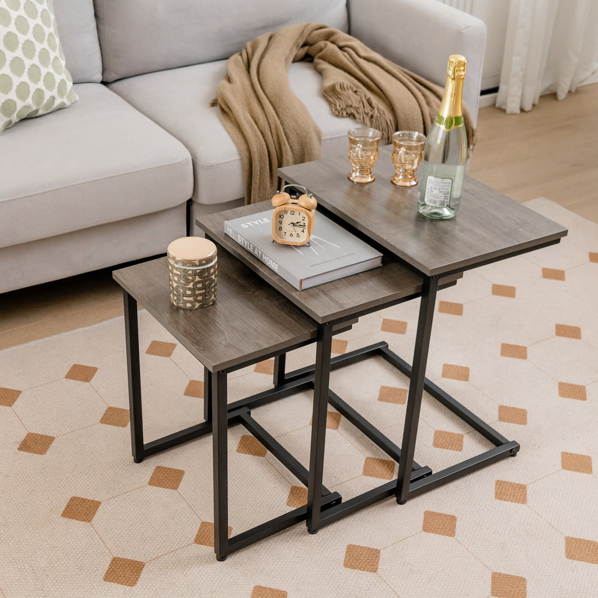 3 Pieces Multifunctional Coffee End Table Set-Oak-End & Side Tables-DECOROLALA