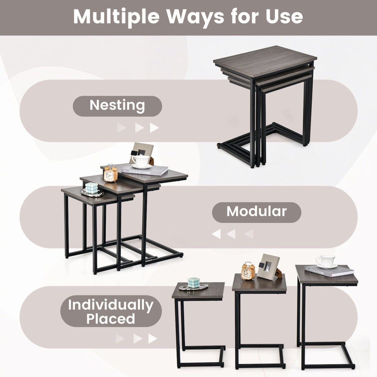 3 Pieces Multifunctional Coffee End Table Set-Oak-End & Side Tables-DECOROLALA