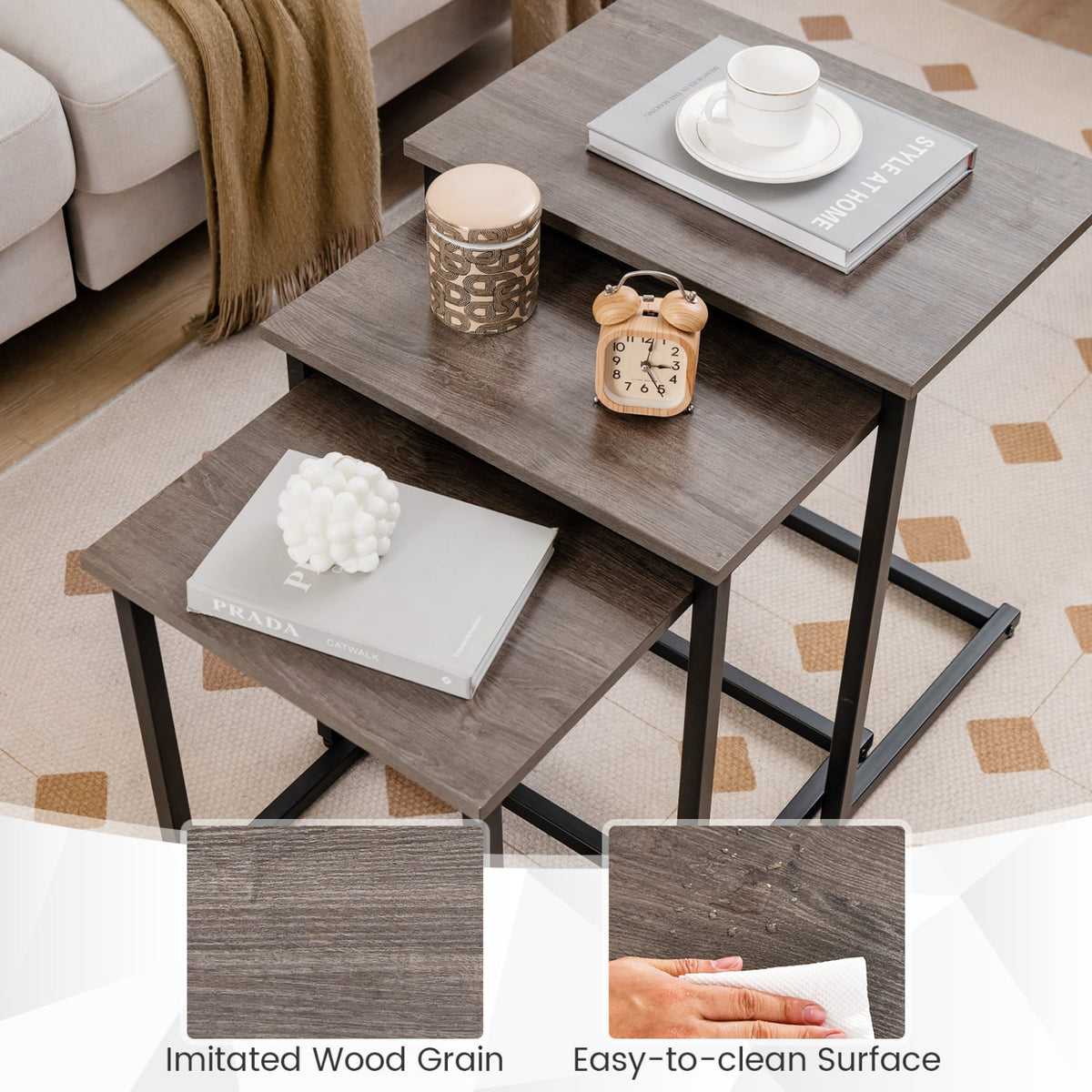 3 Pieces Multifunctional Coffee End Table Set-Oak-End & Side Tables-DECOROLALA