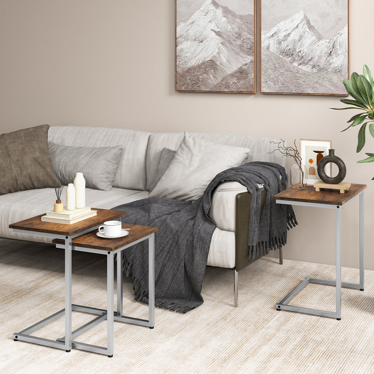 3 Pieces Multifunctional Coffee End Table Set-Rustic Brown-End & Side Tables-DECOROLALA