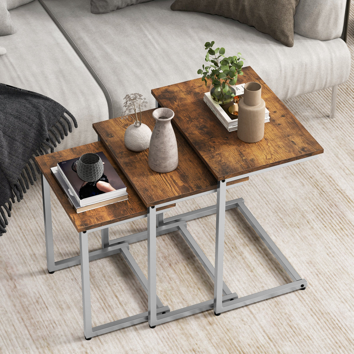 3 Pieces Multifunctional Coffee End Table Set-Rustic Brown-End & Side Tables-DECOROLALA