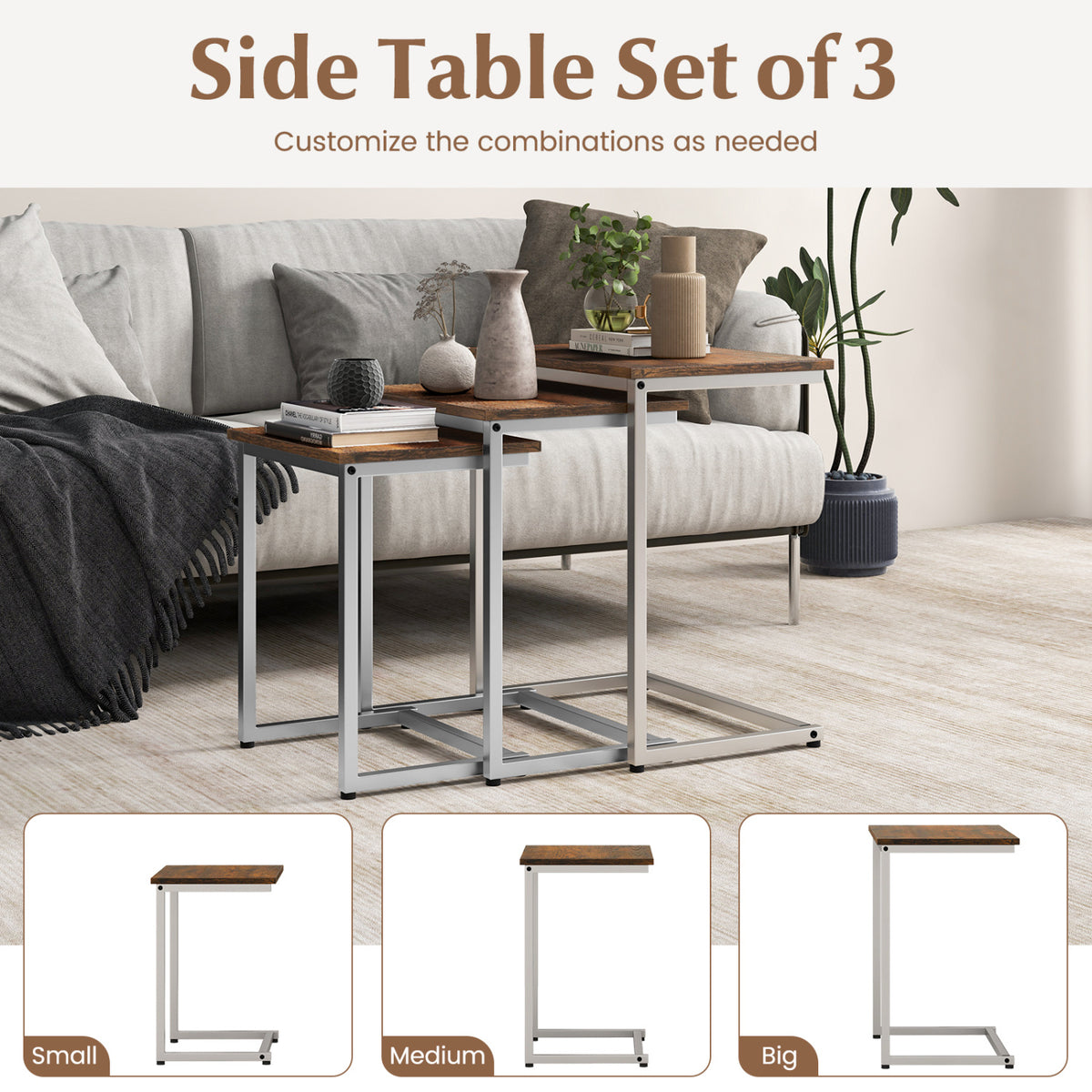 3 Pieces Multifunctional Coffee End Table Set-Rustic Brown-End & Side Tables-DECOROLALA